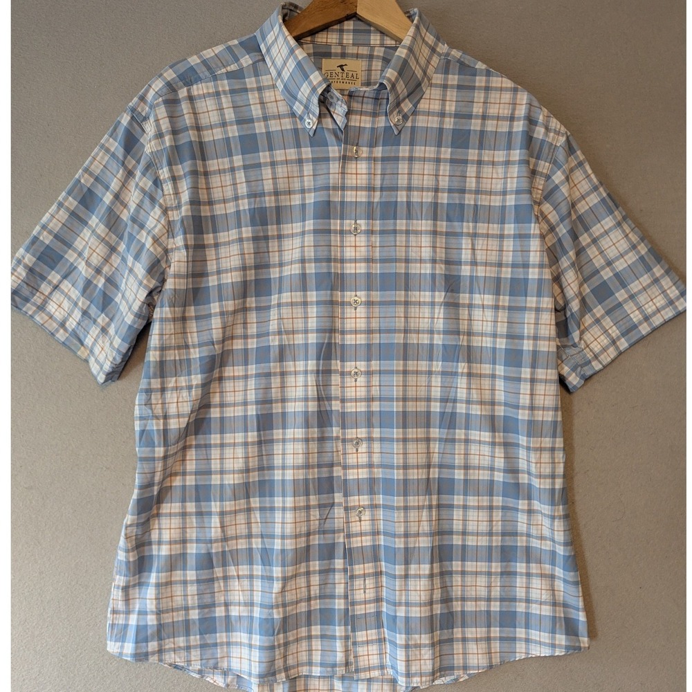 Genteal Performance Shirt Blue Plaid Button Down Short Sleeve Mens Large